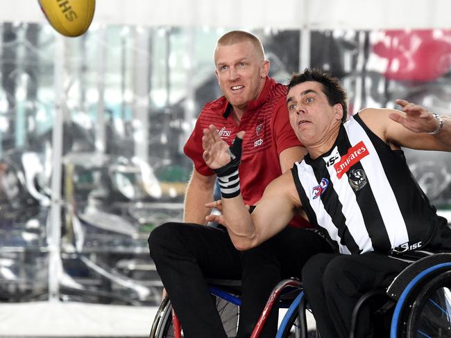 Brendan Stroud with former Essendon champion Duncan Fletcher at the launch of the Victorian Wheelchair Football League.