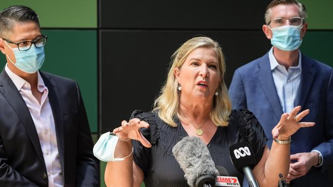 Regional Health Minister Bronnie Taylor with Wagga Wagga MP Dr Joe McGirr (L) and Premier Dominic Perrottet. Picture: NCA NewsWire / Simon Dallinger