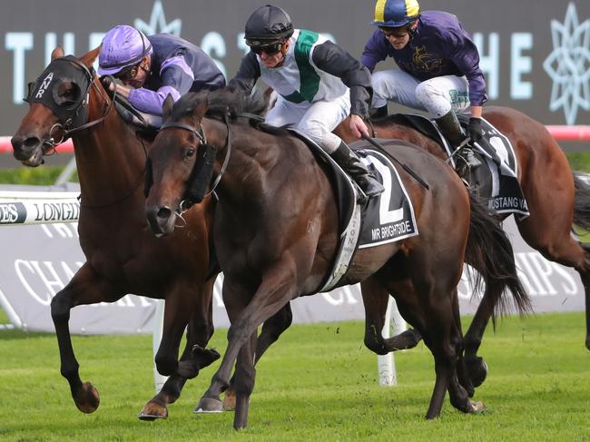 SYDNEY, AUSTRALIA - APRIL 01: Zac Purton riding Mr Brightside wins Race 8 The Star Doncaster Mile in "The Star Championships Day 1" during Sydney Racing at Royal Randwick Racecourse on April 01, 2023 in Sydney, Australia. (Photo by Jeremy Ng/Getty Images) (Photo by Jeremy Ng/Getty Images)