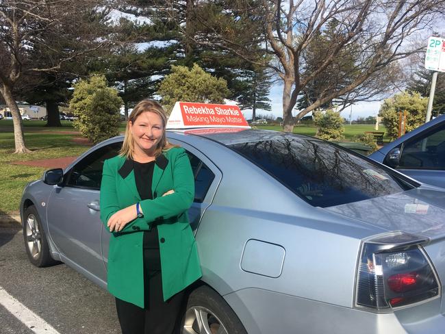 Rebekha Sharkie with her Mitsubishi 380, borrowed from her father, at Victor Harbor