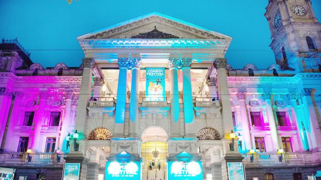 The Melbourne Town Hall is light up for the 2021 Melbourne International Comedy Festival.