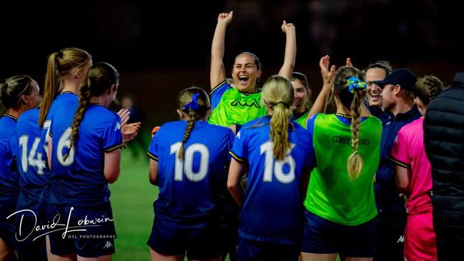 SWQ Thunder Women Celebrate their Semi Final Win over Broadbeach UnitedPhoto credit: David Lobwein / DSL Photography