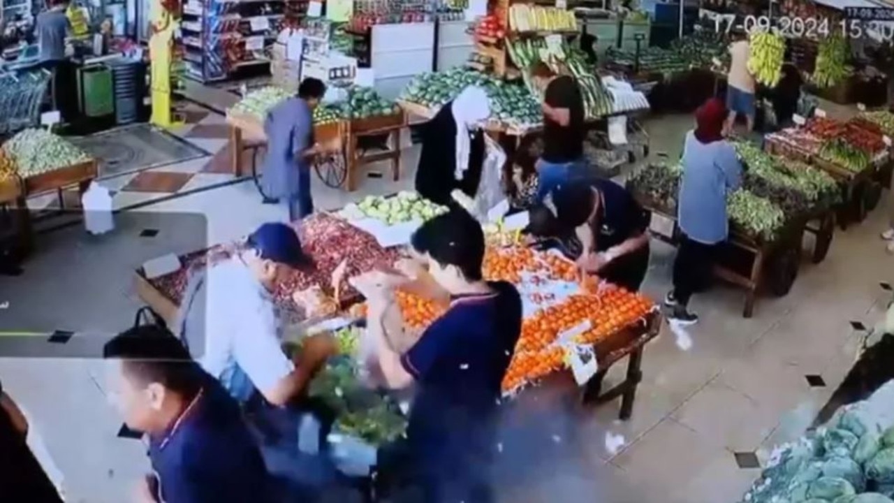 A man’s pager explodes while at a grocer in Beirut during a co-ordinated attack. Picture: X