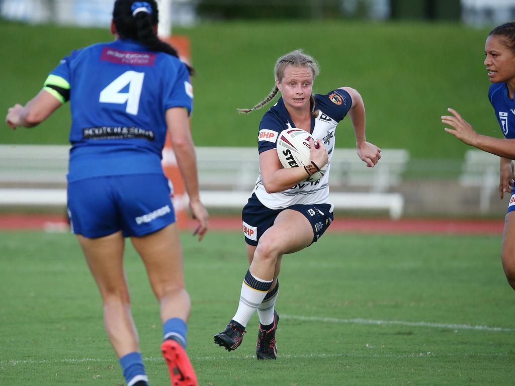Gold Stars' Mateeka Nielson runs the ball up in the QRL BHP Premiership match between the North Queensland Gold Stars and the Valleys Diehards, held at Barlow Park. Picture: Brendan Radke