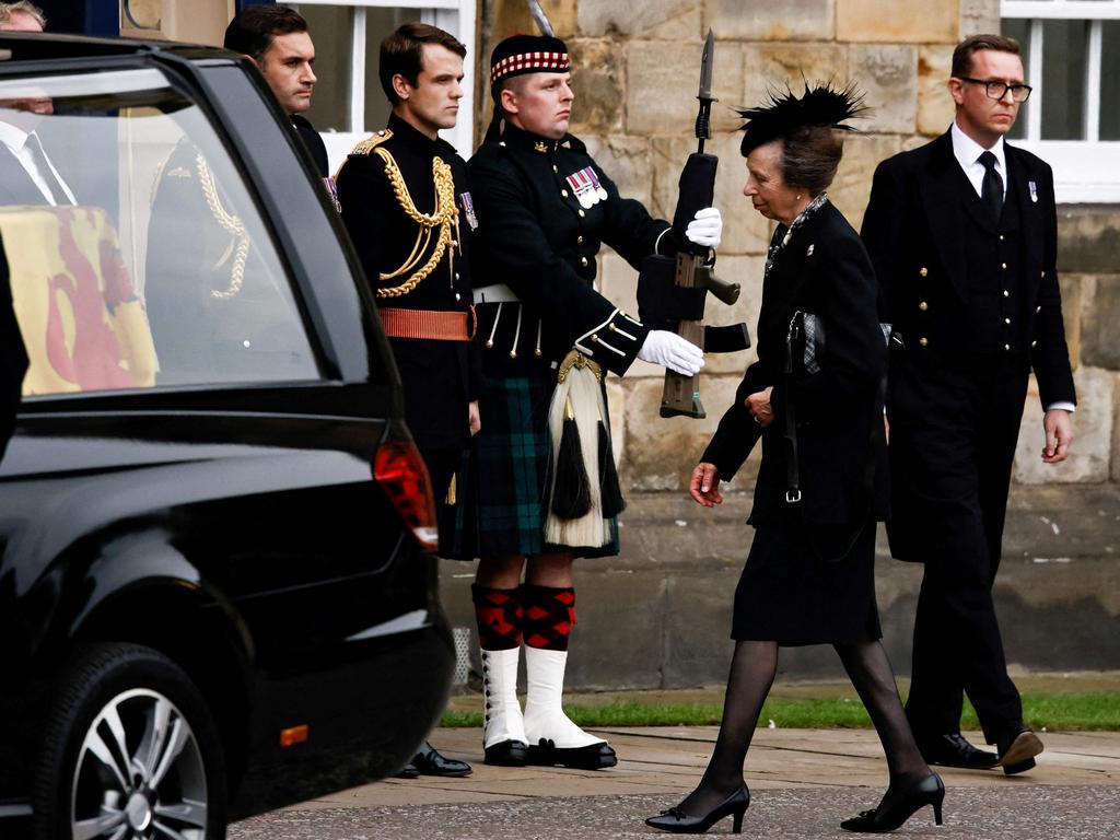 Princess Anne followed behind her mother’s coffin for the six-hour journey from Balmoral. Picture: AFP.