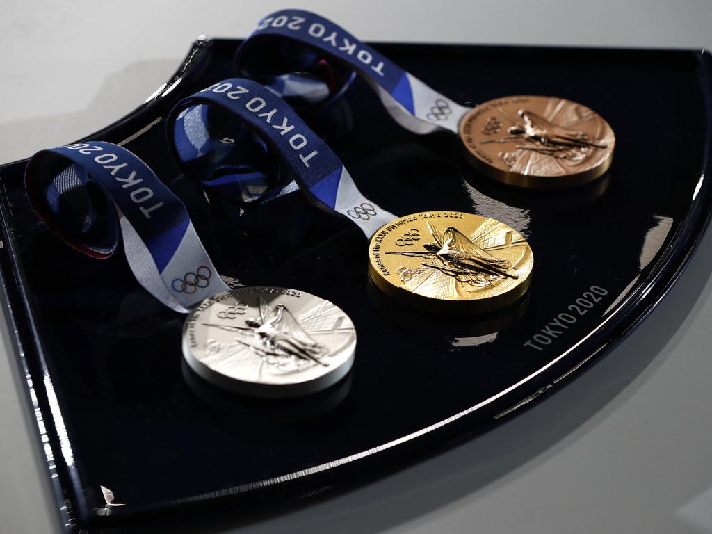 TOKYO, JAPAN - JUNE 03: A medal tray that will be used during the victory ceremonies at the Tokyo 2020 Olympic Games is displayed during an unveiling event for the victory ceremonies' items including podium, music, costume and the medal tray for the Olympic and Paralympic games at the Ariake Arena on the day marking the 50 days to go to the Tokyo Olympic Games opening ceremony on June 3, 2021 in Tokyo, Japan. (Photo by Issei Kato - Pool/Getty Images)
