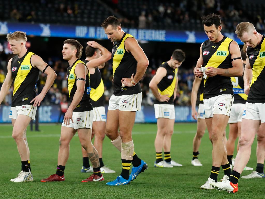A dejected Richmond after that loss to North Melbourne in mid-July. Pictures: Michael Willson/AFL Photos via Getty Images