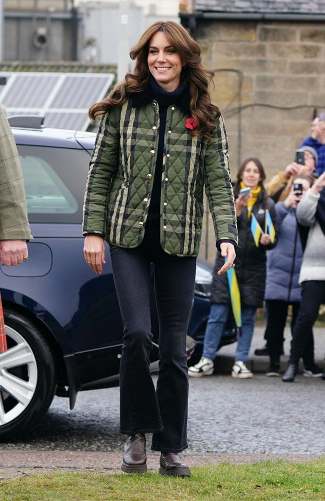 November 2, 2023: Middleton wore a green and black quilted Burberry jacket with flared jeans and boots for her visit to Scotland. Picture: Jane Barlow - WPA Pool/Getty Images
