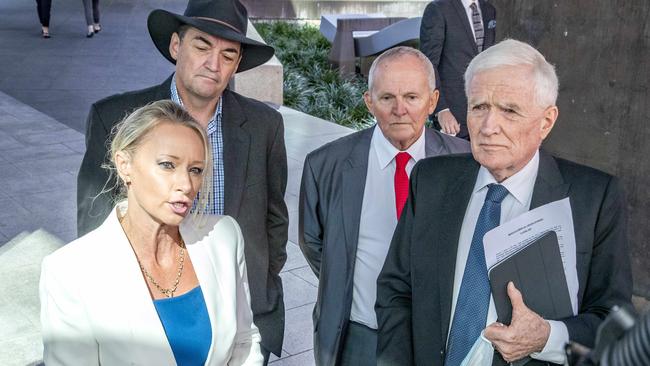 Former Logan City Councillor Trevina Schwarz leaves Brisbane Magistrates Court with Terry O'Gorman and ex-councillors Phil Pidgeon and Russell Lutton on April 14, 2021, when their fraud charges were dropped. PHOTO: Richard Walker