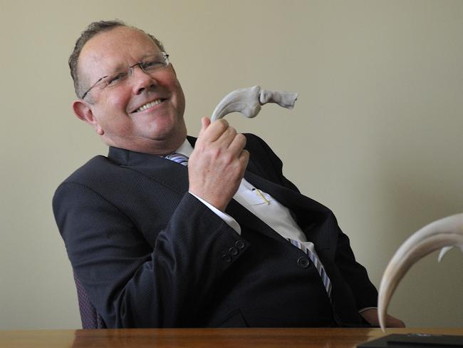 Former Myer chairman Bill Wavish at his office in Brisbane. Wavish presented Queensland Premier Bligh with a replica claw from a Australovenator Wintonensis (Carnivorous Dinosour) which was discovered at a dig in Winton, Victoria.