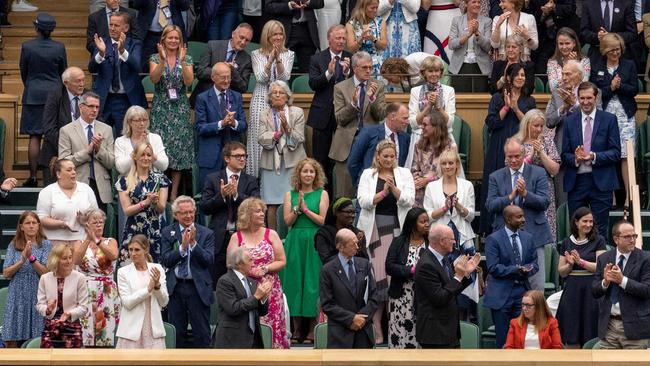 The Royal Box applauds Oxford University AstraZeneca scientist, Professor Sarah Gilbert (front row, sitting) on Centre Court on the first day of the 2021 Wimbledon Championships. Photo: AFP