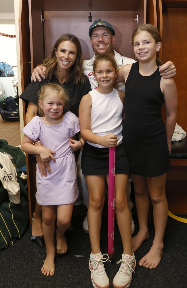 David and Candice Warner with their daughters Ivy Mae, Indy Rae and Isla Rose at the SCG. Picture: Getty Images