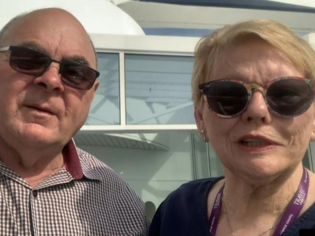 Australians Steve and Karen Dermietzel.  Australians were left stranded on the Royal Caribbean Spectrum of the Seas cruise ship due to 'unplanned maintenance'. Credit: 7NEWS