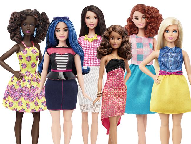 This photo provided by Mattel shows a group of new Barbie dolls introduced in January 2016. Mattel, the maker of the famous plastic doll, said it will start selling Barbie’s in three new body types: tall, curvy and petite. She’ll also come in seven skin tones, 22 eye colors and 24 hairstyles. (Mattel via AP)