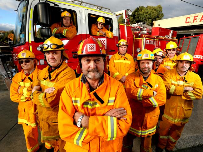 Healesville CFA volunteers Owen Johnstone, Travis Damrow, Bill Poppins, Tony Sheaffe, Damien Beeby, Allan Bryant, Norman Riley, (Capt) Graeme Bates, George Trumble and Doug Marriott. Picture: Tim Carrafa