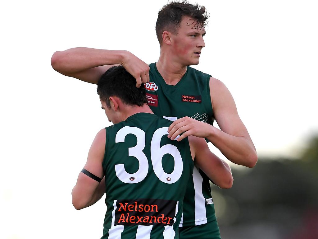 Essendon District: Airport West pair Patrik Balta and Ned Gentile celebrate a goal agianst Roxburgh Park. Picture: Andy Brownbill