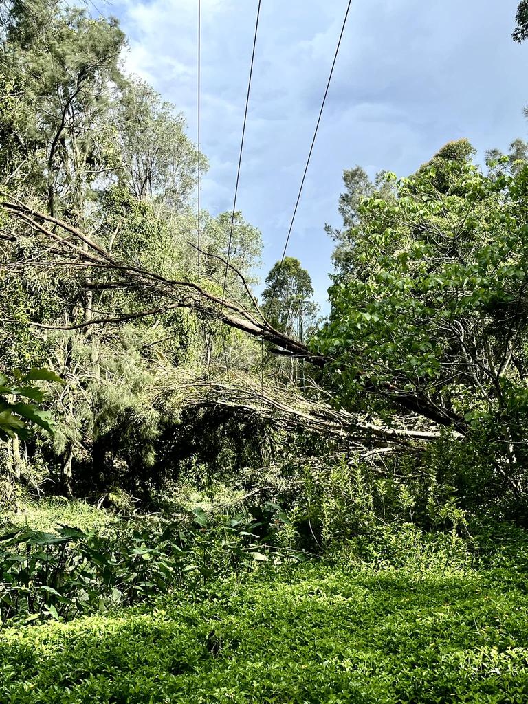 Energex crews are working to get power back up and running after powerlines were destroyed in the storm. Picture: Facebook