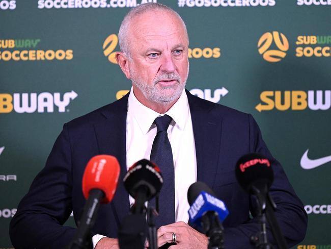 Australiaâs head coach Graham Arnold announces his squad during a press conference in Sydney on June 6, 2023, ahead of their friendly football match against Argentina in Beijing. (Photo by SAEED KHAN / AFP) / -- IMAGE RESTRICTED TO EDITORIAL USE - STRICTLY NO COMMERCIAL USE --