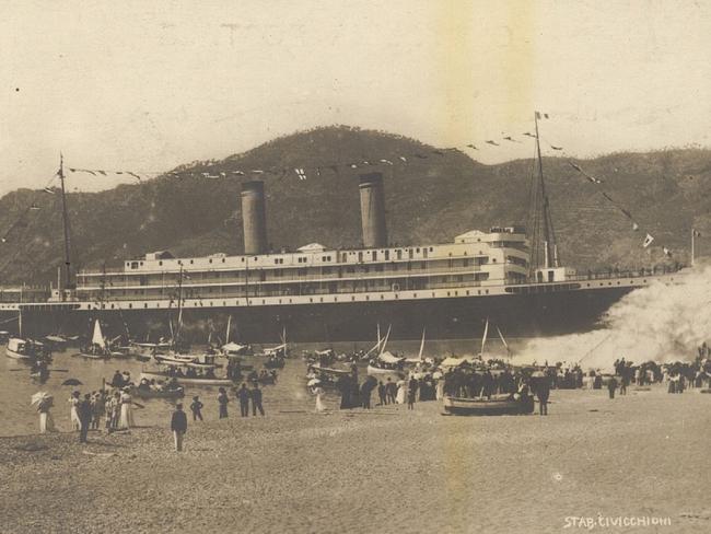 A postcard showing the launch of the Italian liner SS Principessa Jolanda moments before it listed and sank.