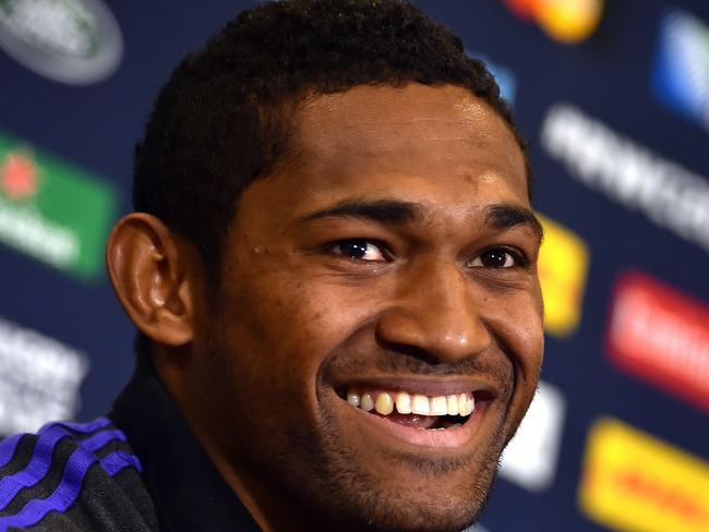 New Zealand wing Waisake Naholo addresses a press conference in Cardiff, south Wales, on September 30, 2015, during the 2015 Rugby World Cup. AFP PHOTO / GABRIEL BOUYS RESTRICTED TO EDITORIAL USE