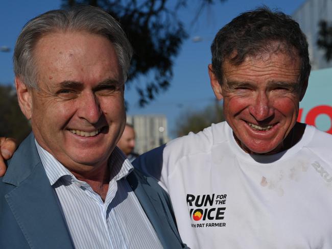 ADELAIDE, AUSTRALIA - NewsWire Photos September 19, 2023: Pat Farmer's 14,400km Run for the Voice in Adelaide today. He is pictured with Senator Don Farrell (left). Picture: NCA NewsWire / Naomi Jellicoe