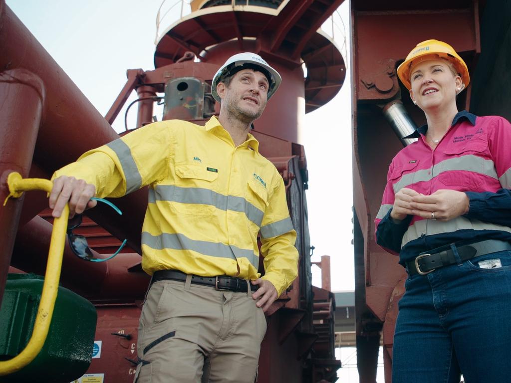 Core Lithium’s Mike Stone with deputy chief minister Nicole Manison at first shipment of Core’s Grant's mine spodumene concentrate being loaded at Darwin Port.