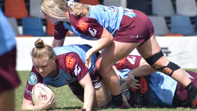 CQ Capras women go through their paces in a trial match against the clubâ€™s under-19s at Browne Park on Saturday, February 12, 2022.