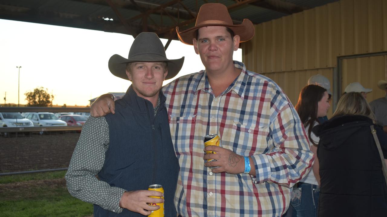 Aiden Farrar from Toowoomba and Roy Webb from Wagga Wagga at the 2021 Killarney Rodeo. Photo: Madison Mifsud-Ure / Warwick Daily News