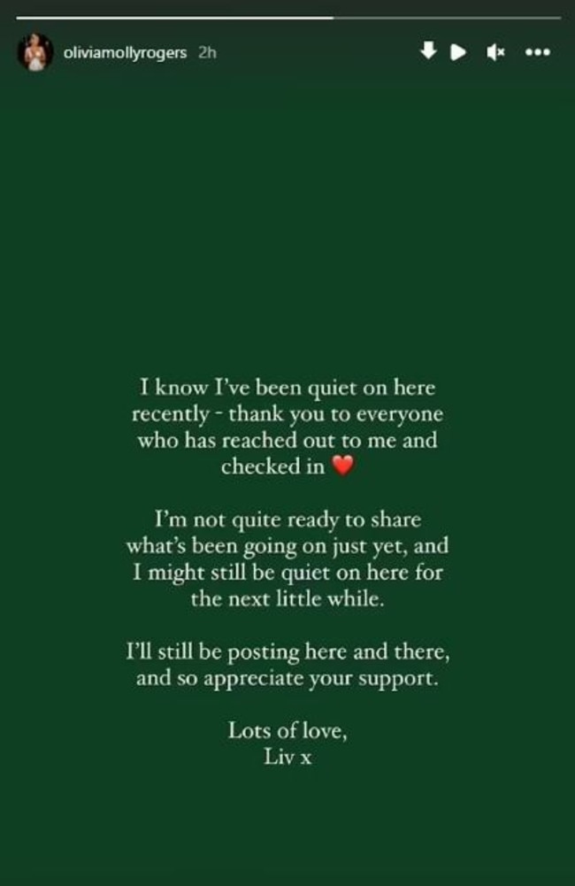 Fans were heartbroken by her Instagram message. Picture: Instagram / @oliviamollyrogers
