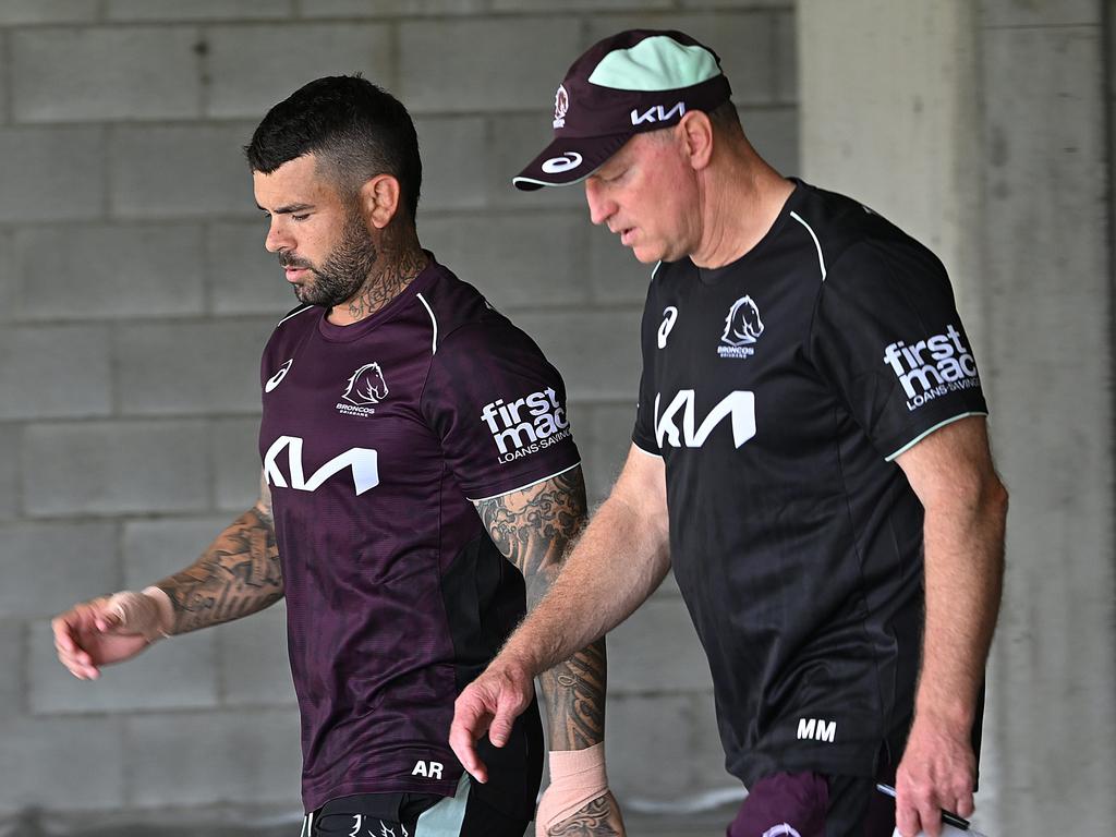 Adam Reynolds and Michael Maguire at broncos training. Picture: Lyndon Mechielsen/Courier Mail