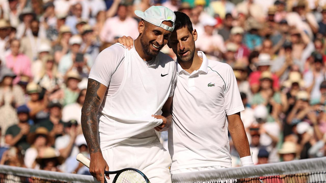 *2022 Pictures of the Year Australia* - LONDON, ENGLAND - JULY 10: Winner Novak Djokovic of Serbia (L) and runner up Nick Kyrgios of Australia interact by the net following their Men's Singles Final match day fourteen of The Championships Wimbledon 2022 at All England Lawn Tennis and Croquet Club on July 10, 2022 in London, England. (Photo by Ryan Pierse/Getty Images)