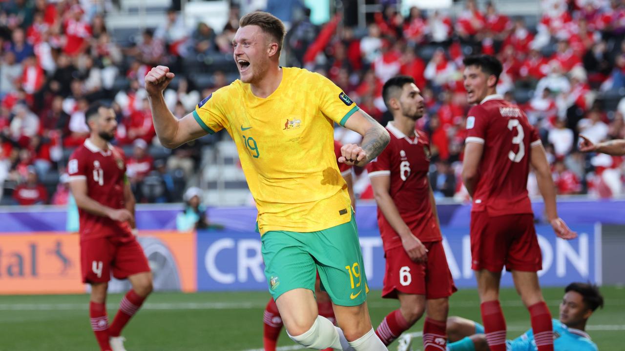 Defender Harry Souttar celebrates after scoring the Socceroos’ fourth goal against Indonesia. Picture: Lintao Zhang/Getty Images