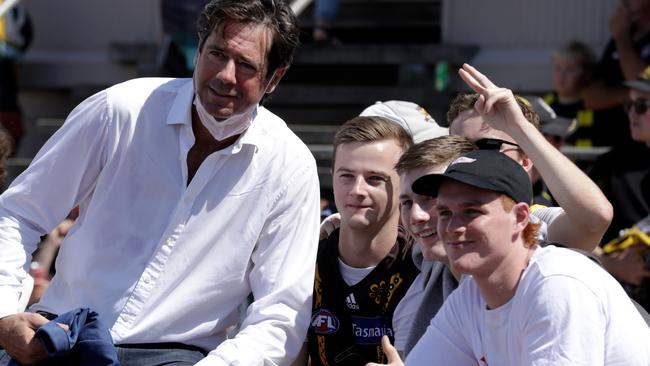 Gillon McLachlan with fans during the Hillcrest tribute game between Richmond and Hawthorn at Devonport. Picture: Grant Viney