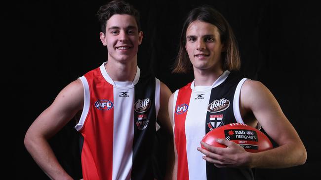 Nicholas Coffield and Hunter Clark after being picked by the Saints at the 2017 AFL Draft. Picture: Quinn Rooney/Getty Images