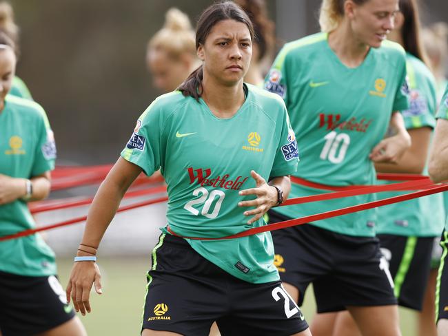 Sam Kerr of the Matildas (centre) is seen during a training session at ABD Stadium in Broadmeadows, Victoria, Tuesday March 5, 2019.  (AAP Image/Daniel Pockett) NO ARCHIVING, EDITORIAL USE ONLY