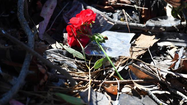 Flowers left at scene of fatal crash north of Brukunga in April 2021. Picture: Mark Brake