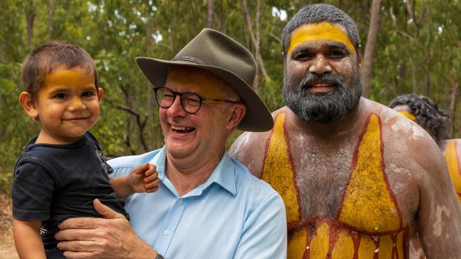 Prime Minister Anthony Albanese with Yolngu people during the Garma Festival 2022 at Gulkula in East Arnhem. Picture: Getty Images