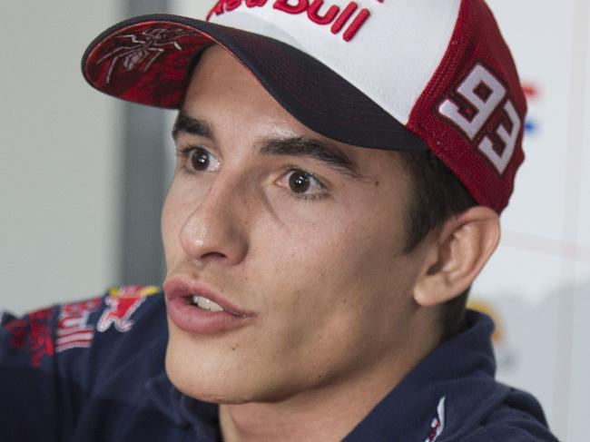 KUALA LUMPUR, MALAYSIA - OCTOBER 25: Marc Marquez of Spain and Repsol Honda Team speaks during the Marc Marquez press conference at the end of the MotoGP race during the MotoGP Of Malaysia at Sepang Circuit on October 25, 2015 in Kuala Lumpur, Malaysia. (Photo by Mirco Lazzari gp/Getty Images)