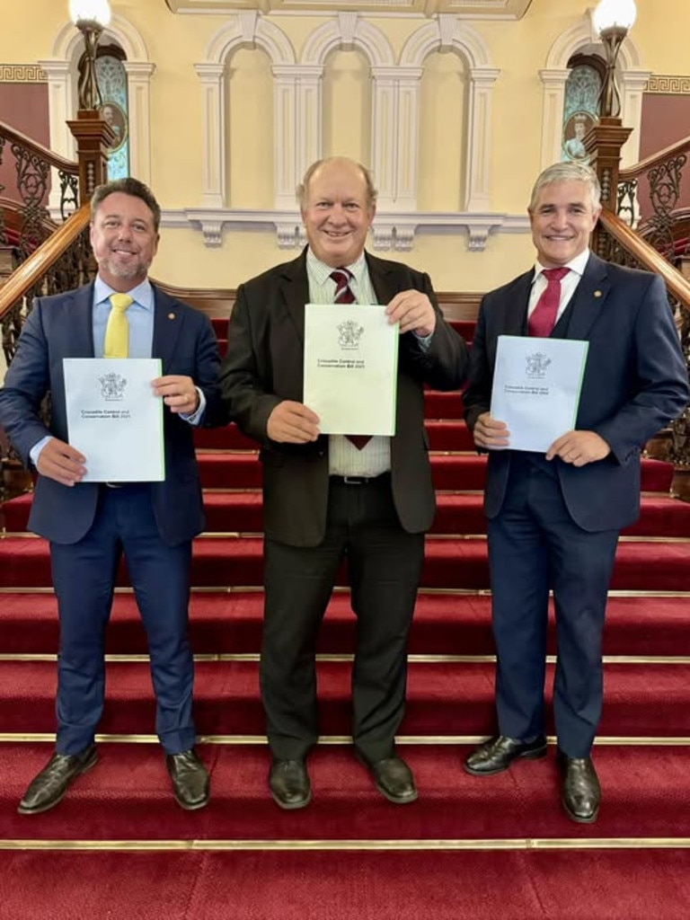 Katter’s Australian Party members Nick Dametto, Shane Knuth and Robbie Katter with Mr Knuth's Crocodile Control and Conservation Bill 2025.