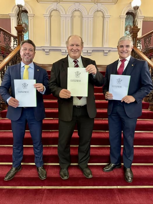 Katter’s Australian Party members Nick Dametto, Shane Knuth and Robbie Katter with Mr Knuth's Crocodile Control and Conservation Bill 2025.