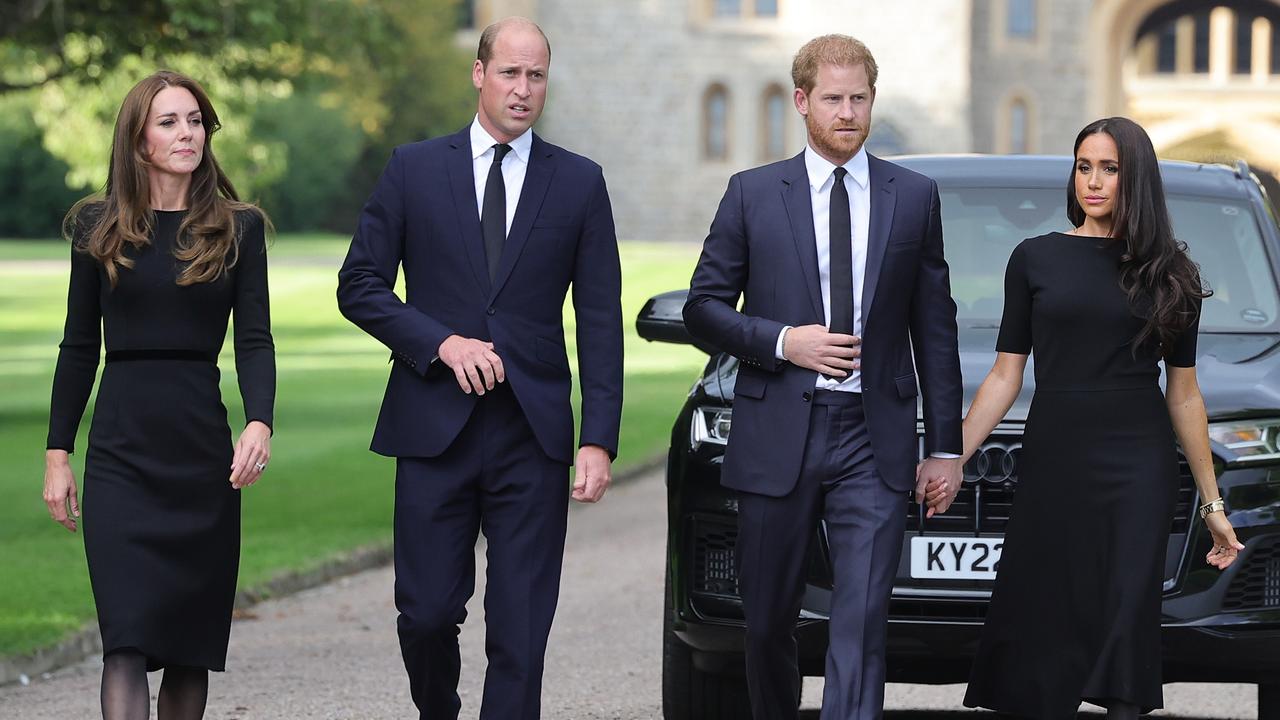 The Prince and Princess of Wales and the Duke and Duchess of Sussex view flowers and tributes to HM Queen Elizabeth in Windsor, England. Picture: Chris Jackson/Getty Images