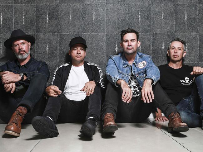 Australian music group Grinspoon are coming back together after 3 years apart. Members Pat Davern, Kristian Hopes, Phil Jamieson and Joe Hansen pictured in Sydney. Picture: Dylan Robinson ***EMBARGO APRIL 3***