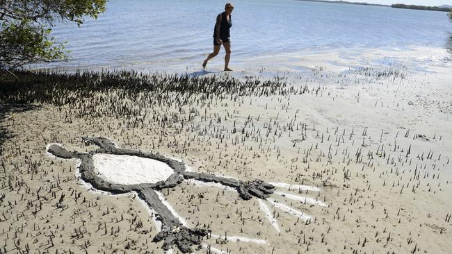 Libby Harward’s Yunggulba Guriba Yabruma (Always in the tides), a work in mangrove mud and sand, created at the 2016 South Stradbroke Island Indigenous Artist Camp. Picture: Jo-Anne Driessens.