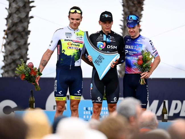 GEELONG, AUSTRALIA - JANUARY 29: (L-R) Hugo Page of France and Team IntermarchÃ&#131;Â© - Circus - Wanty on second place, race winner Marius Mayrhofer of Germany and Team DSM and Simon Clarke of Australia and Team Israel - Premier Tech on third place pose on the podium ceremony after the 7th Cadel Evans Great Ocean Road Race 2023 - Men's Elite a 174,3km one day race from Geelong to Geelong / #CadelRoadRace / on January 29, 2023 in Geelong, Australia. (Photo by Tim de Waele/Getty Images)