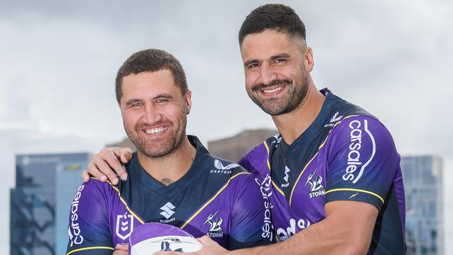 MELBOURNE, AUSTRALIA- MAY 04 2022, Melbourne Storm brothers Kenny and Jesse Bromwich ahead of KennyÃs 200th NRL game - he and Jesse become only the second brothers in premiership history to each play 200 games for the same club.Picture: Brendan Beckett