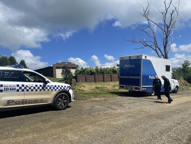 Forensics teams arrive at the Dumbalk North property on Friday morning. Picture: Jack Colantuono