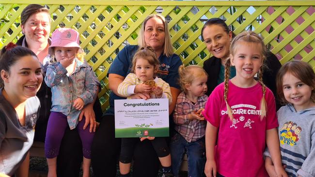 Receiving the grant from Woolworths at the Gympie Uniting Church Child Care Centre are Mikayla Dumschat, early childhood educator. Zara Toynton, Woolworths assistant manager, Indiana Stewart, Mia Primavera, Casey Margetts (lead educator), Aleigha Forbes,Tara Penfold (store manager), Piper Kraak and Eleanor Wilson.