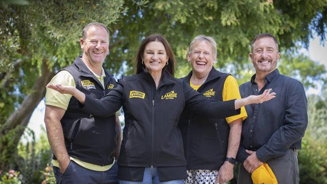 Senator Jacqui Lambie with Lambie Network Lyons candidates, (L-R) Troy Pfitzer, Lesley Pyecroft and Andrew Jenner at Richmond. Picture: Chris Kidd