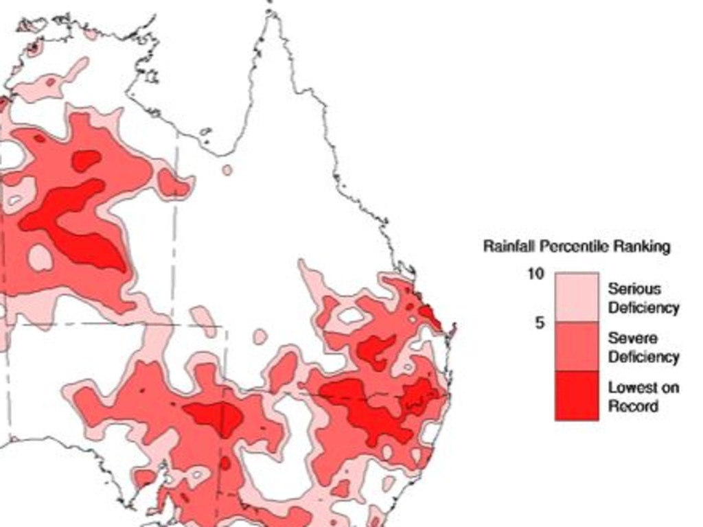 This Bureau of Meteorology map shows the severe rainfall deficiency across the worst-hit drought areas.