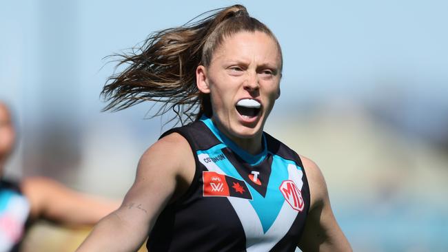 ADELAIDE, AUSTRALIA - NOVEMBER 10: Caitlin Wendland of the Power celebrates a goal during the 2024 AFLW Second Elimination Final match between the Port Adelaide Power and the Richmond Tigers at Alberton Oval on November 10, 2024 in Adelaide, Australia. (Photo by James Elsby/AFL Photos via Getty Images)